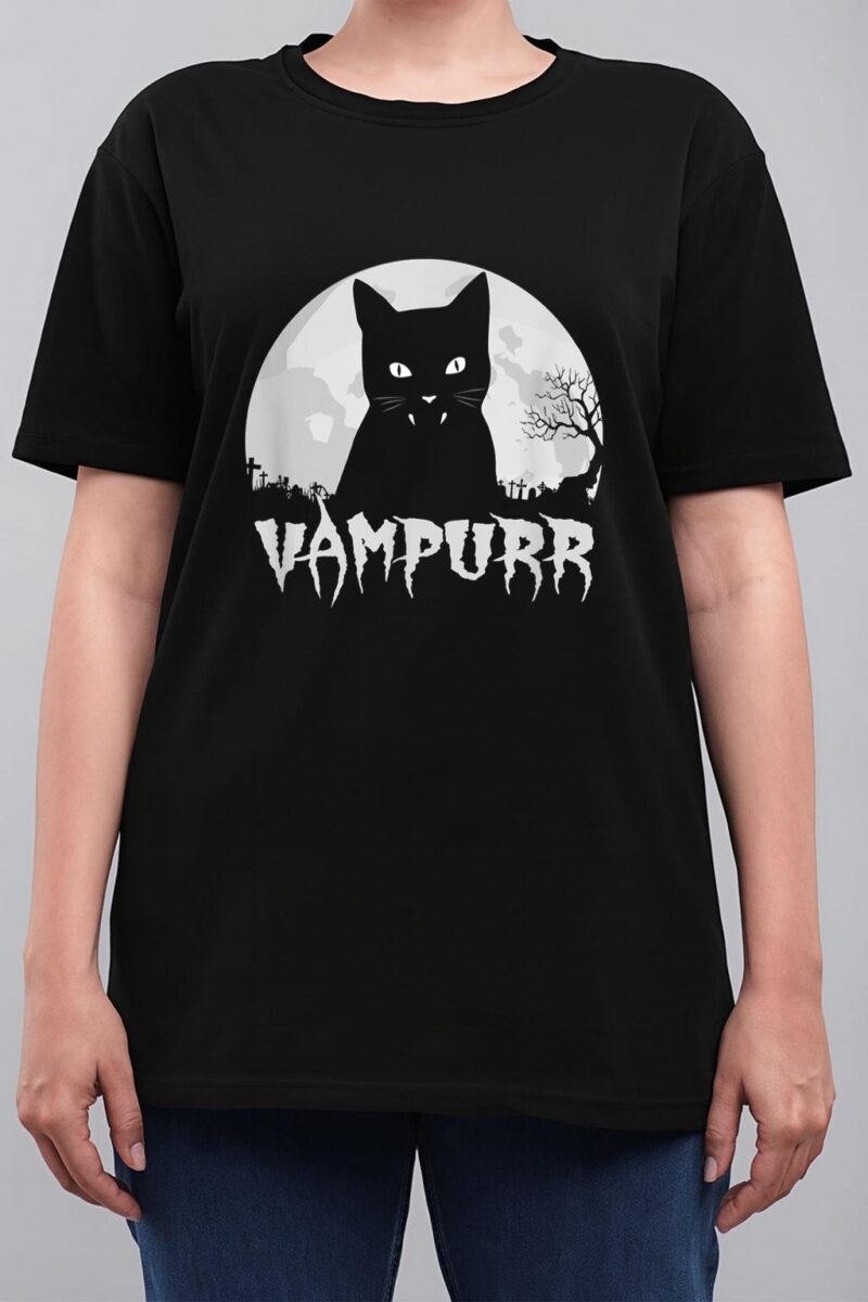 Halloween Black Cat Vampire With Full Moon - Vampurr Pun Women T-Shirt