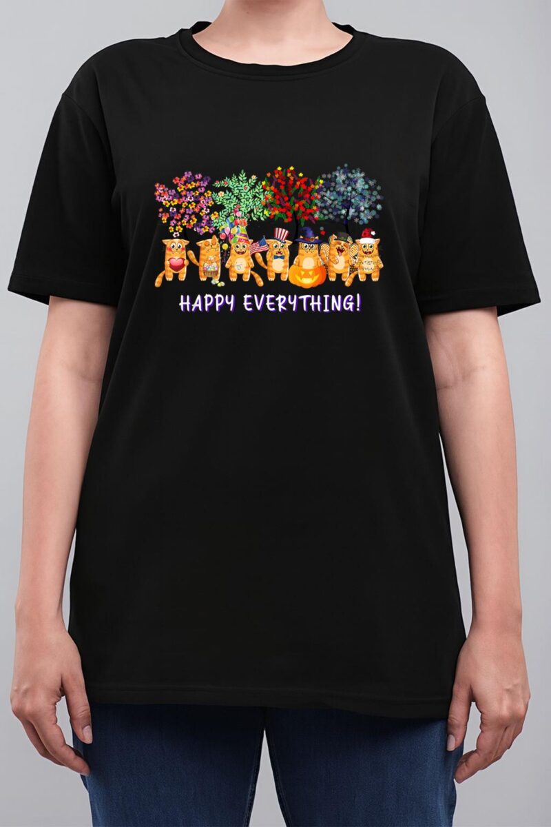 Happy Everything cat Seasons All Year Tree funny cat lover Women T-Shirt