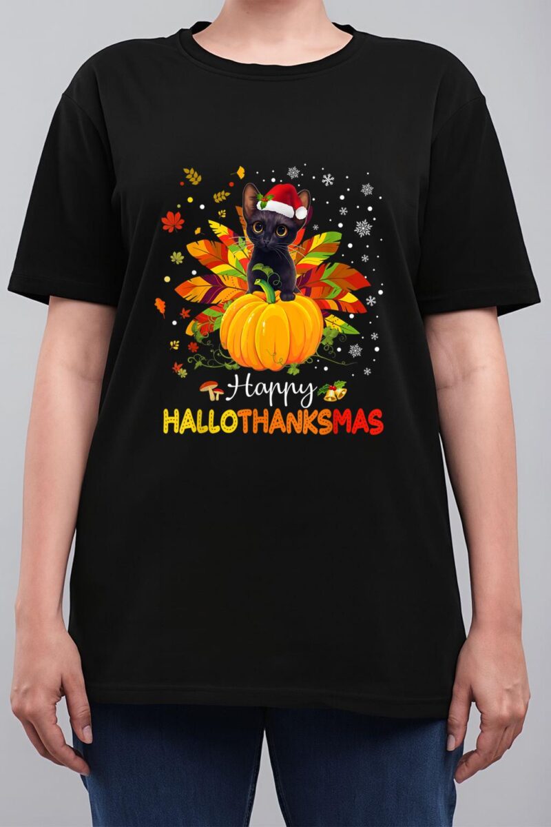 Happy Hallothanksmas Cat Halloween Thanksgiving Christmas Women T-Shirt