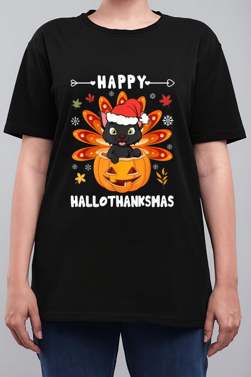 Happy Hallothanksmas Cat Turkey Cat Thanksgiving Christmas Women T-Shirt
