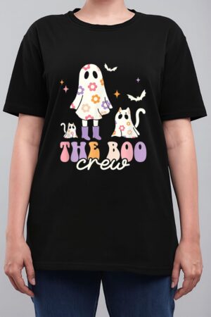 He Boo Crew Spooky Season Ghost Cat Halloween Groovy Retro Women T-Shirt
