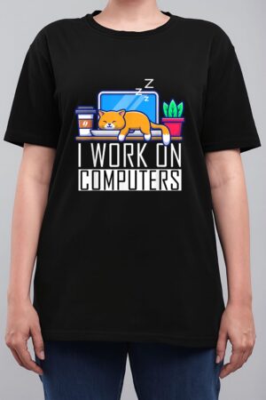 I Work On Computers Funny Cat Lovers Coding Programming Women T-Shirt