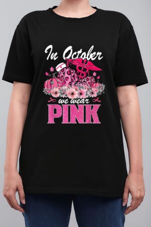 In October We Wear Pink Nurse Life Pumpkin Leopard Halloween Women T-Shirt