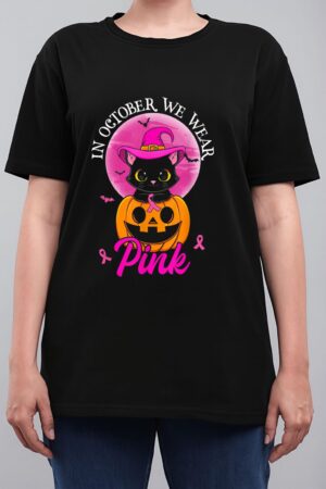 In October We Wear Pink Witch Cat Halloween Breast Cancer Women T-Shirt