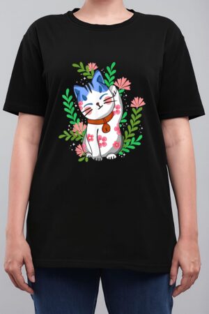 Maneki neko Lucky Japanese Cat Floral Botanical Women T-Shirt