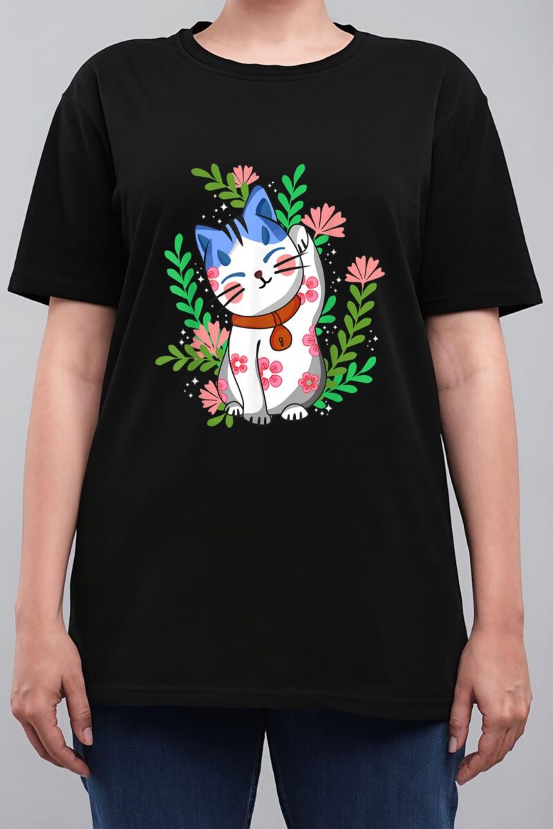 Maneki neko Lucky Japanese Cat Floral Botanical Women T-Shirt