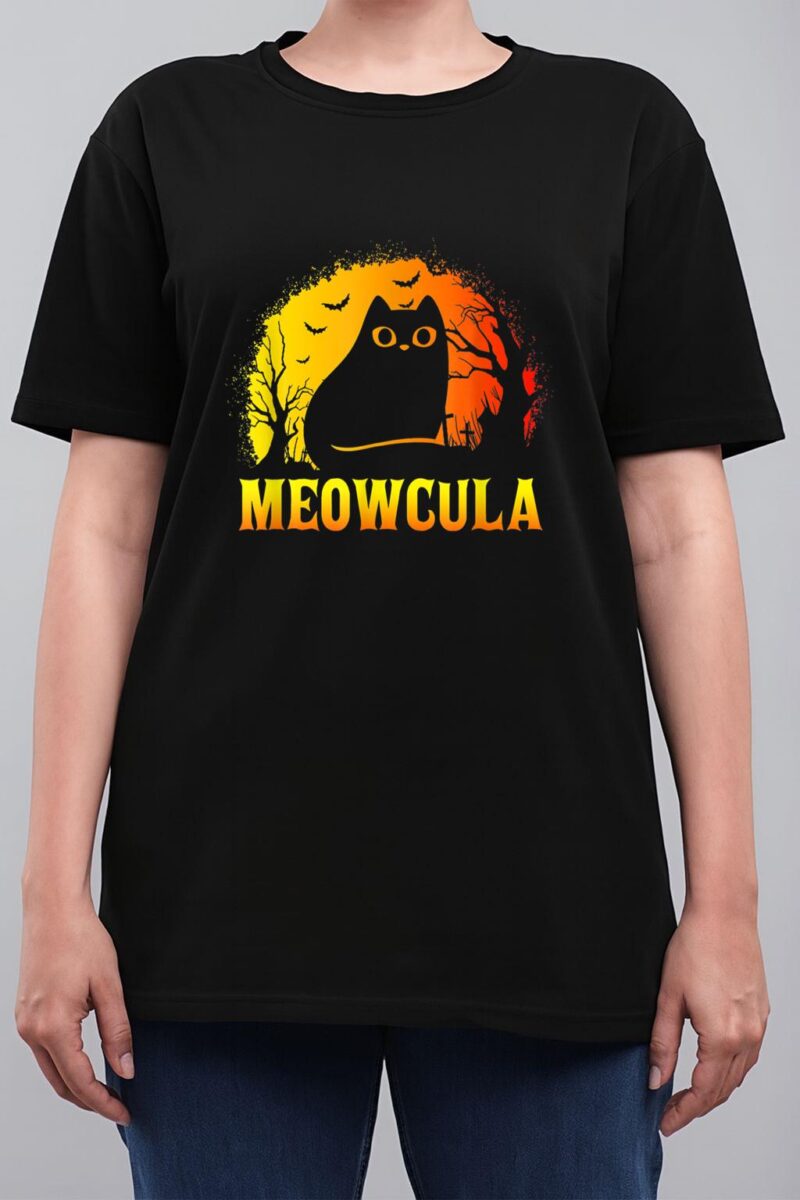 Meowcula Black Cat Halloween Vampire Cat Women T-Shirt
