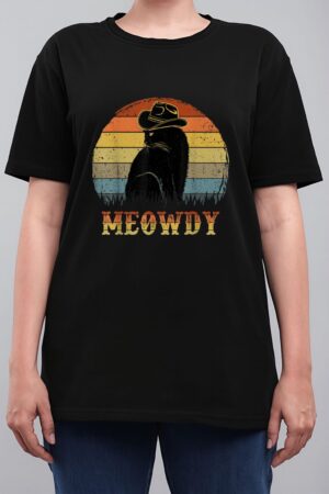 Meowdy Funny Country Music Black Cat Cowboy Hat Vintage Women T-Shirt