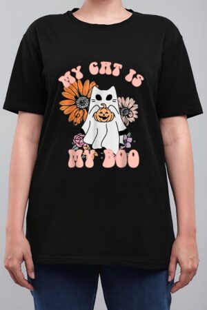 My Cat Is My Boo Floral Groovy Ghost Cat Spooky Halloween Women T-Shirt