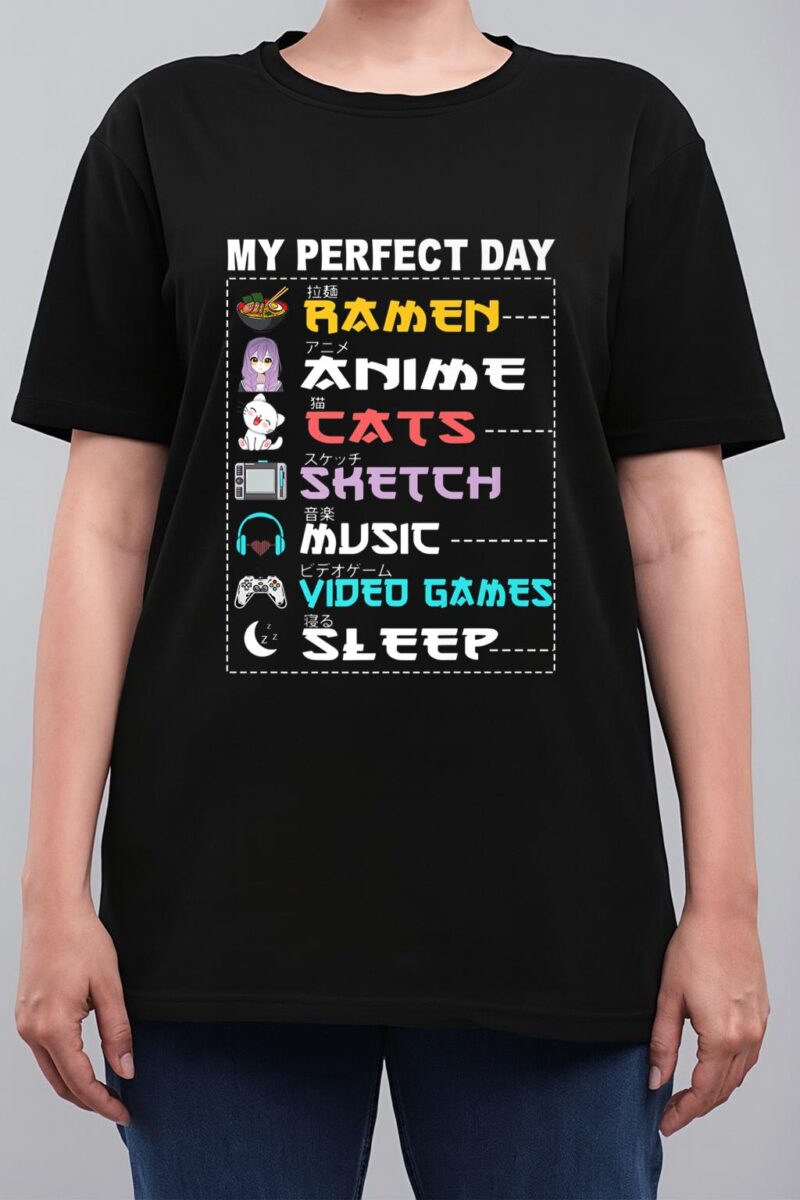 My Perfect Day Anime Ramen Sketch Cat Music Video Game Sleep Women T-Shirt