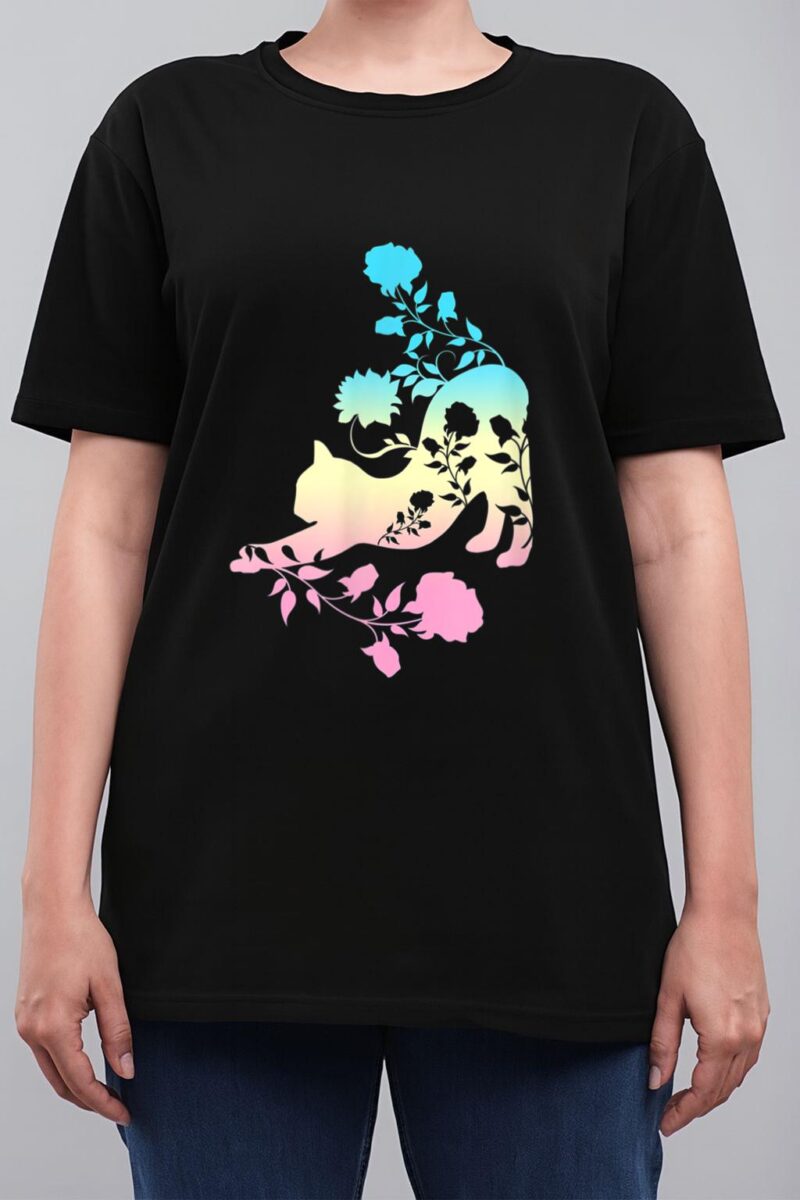 Pastel Stretching Cat With Roses Kitten Women T-Shirt