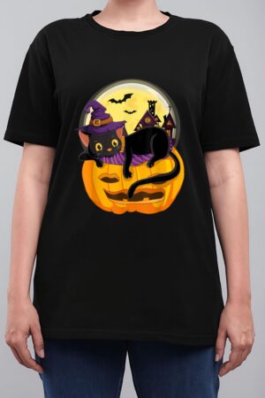 Pumpkin Black Cat Halloween Costume Scary Witch Autumn Fall Women T-Shirt