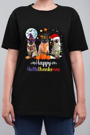 Siamese Cat Halloween Merry Christmas Happy Hallothanksmas Women T-Shirt