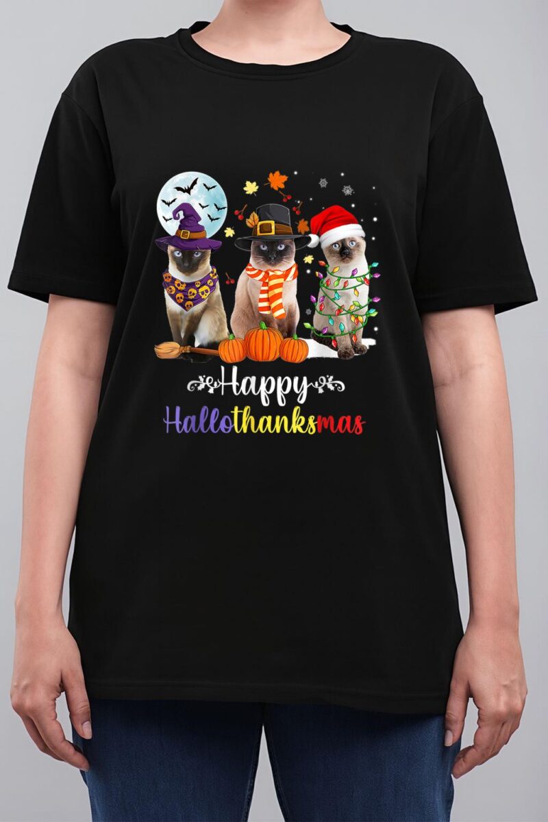 Siamese Cat Halloween Merry Christmas Happy Hallothanksmas Women T-Shirt