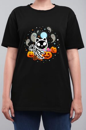 Skeleton Cat Halloween Shirt Kids Spooky Black Cat Halloween Women T-Shirt