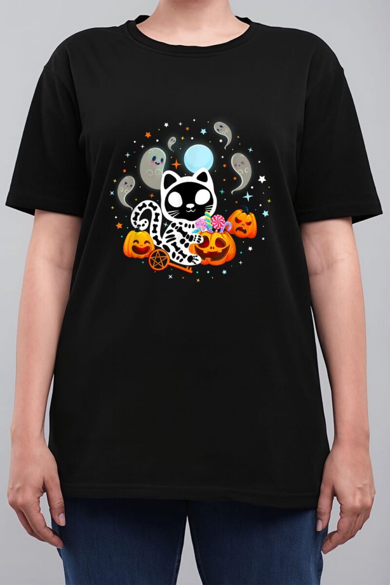 Skeleton Cat Halloween Shirt Kids Spooky Black Cat Halloween Women T-Shirt