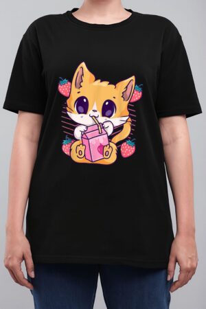 Strawberry Milk Cat Cute Kawaii Kitten Anime Neko Shake Women T-Shirt