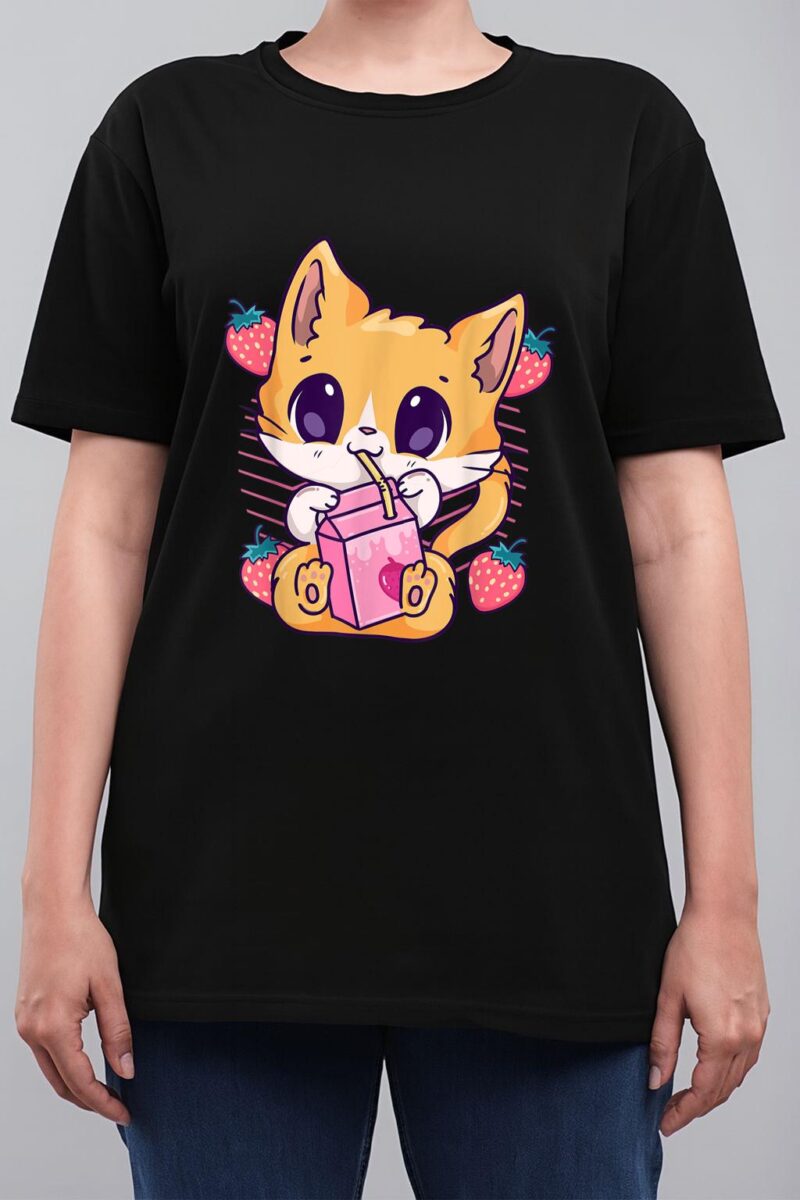 Strawberry Milk Cat Cute Kawaii Kitten Anime Neko Shake Women T-Shirt