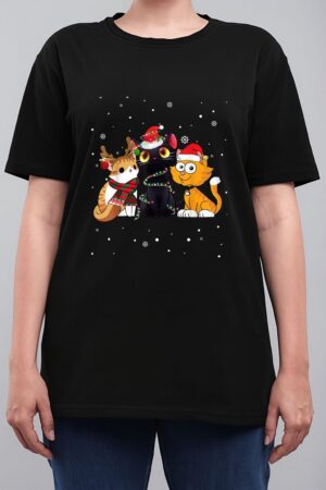 Three Cat Christmas Funny Kitty Santa Hat And Lights Gifts Women T-Shirt