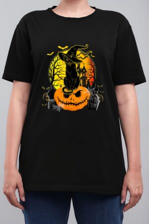 Vintage Black Cat Witch Scary Halloween Costume Kids Boys Women T-Shirt