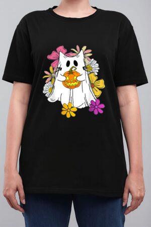 Vintage Floral Ghost Cat Halloween Graphic Women T-Shirt