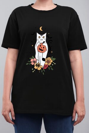 Vintage Floral Halloween Cat Ghost Pumpkin Auntum Women Kids Women T-Shirt
