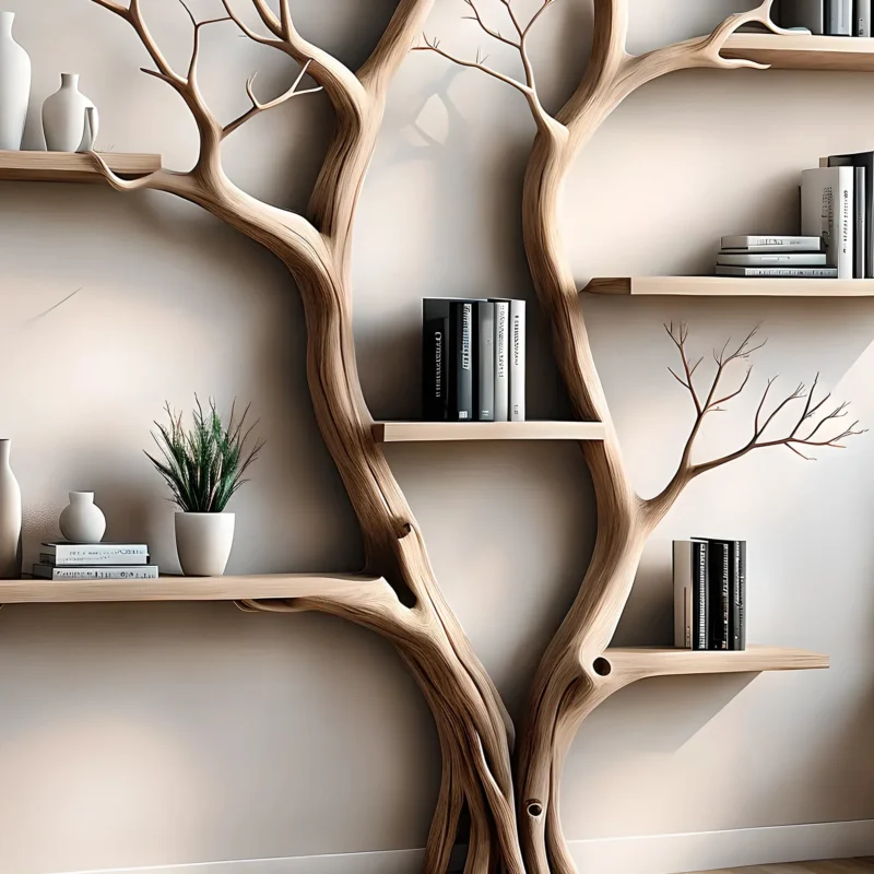 Two-Branch Tree Bookshelf – Perennial Wooden Bookshelf for Living Room Wall Decoration