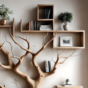 Old Tree Bookshelf – Vintage Solid Wood Wall-Mounted Shelf for Rustic Home Decor