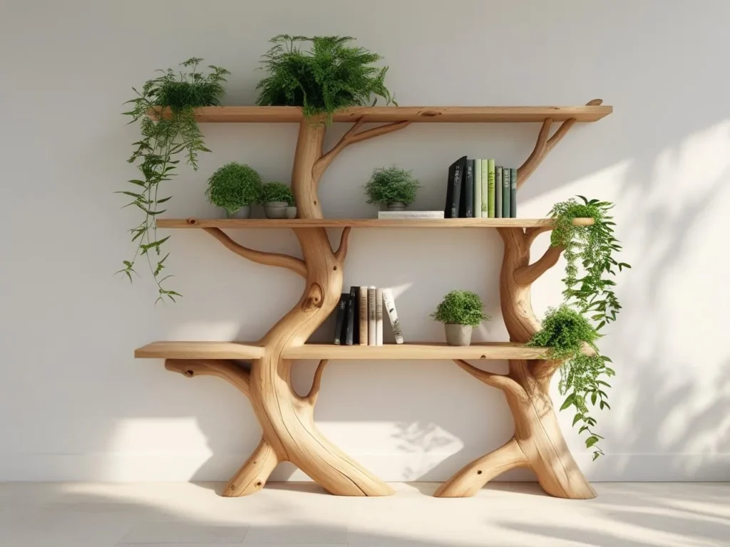 Clean banner showing a different style of tree-inspired wooden bookshelf. Styled with a few plants and books for natural vibes. Light, airy background with soft shadows, no text. Focus entirely on the product silhouette and wood details