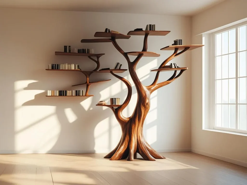 Minimalist banner featuring a large photo of the wooden tree bookshelf, placed in a modern living room setting with natural sunlight. Neutral beige or white background, no text. Emphasis on the craftsmanship and organic tree shape